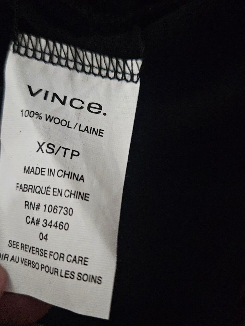 Vince Black Crewneck Wool Top Quarter Sleeve XS - Picture 4 of 5